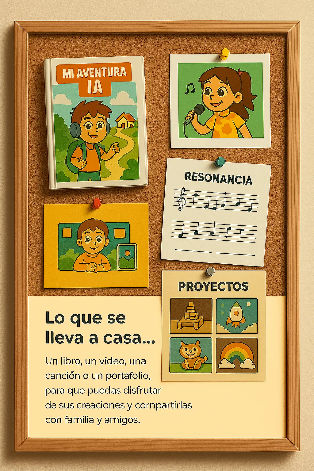 Panel de corcho con proyectos IA de los niños